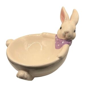 Vintage Ceramic White Bunny Rabbit Round Candy Dish Bowl Purple Polka Dot Scarf